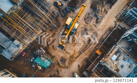 Construction site with crane, excavator, and scaffolding. design for building and development projects top view. 129871141