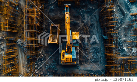 Construction site with crane, excavator, and scaffolding. design for building and development projects top view. 129871163