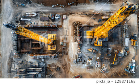 Construction site with crane, excavator, and scaffolding. design for building and development projects top view. 129871168