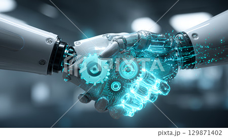 robot working with futuristic robot robot working with futuristic robot 129871402