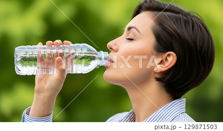 woman drinking water after exercise 129871503