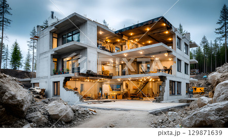 Architectural section cut showing floors, walls, stairs, and structural components. drawing for design and construction. 129871639