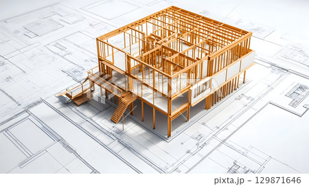 Architectural section cut showing floors, walls, stairs, and structural components. drawing for design and construction. 129871646