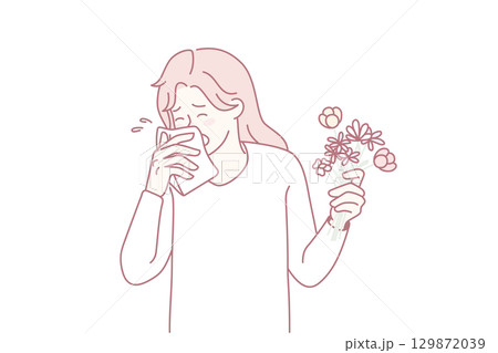 Unhealthy woman sneeze feeling allergic to flowers Unhealthy woman sneeze feeling allergic to flowers 129872039