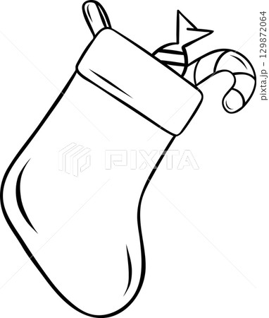Christmas sock filled with sweets -lollipops and candies, simple vector black and white icon, doodle and sketch style Christmas sock filled with sweets -lollipops and candies, simple vector black and white icon, doodle and sketch style 129872064