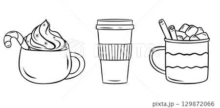 Christmas drinks set, cocoa decorated with cinnamon sticks and marshmallows, hot chocolate with whipped cream, warm tea, simple vector black and white icon, doodle and sketch style Christmas drinks set, cocoa decorated with cinnamon sticks and marshmallows, hot chocolate with whipped cream, warm tea, simple vector black and white icon, doodle and sketch style 129872066