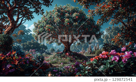 A large tree is surrounded by a field of flowers 129872541