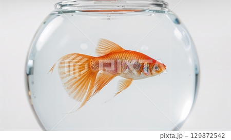 A goldfish swimming in a clear glass bowl 129872542