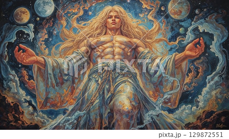 A painting of a man with long hair and a robe, holding his hands up in the air 129872551