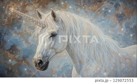 A painting of a white unicorn with a long, pointed horn 129872553