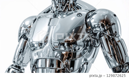 A silver robot with a metallic chest and arms 129872625