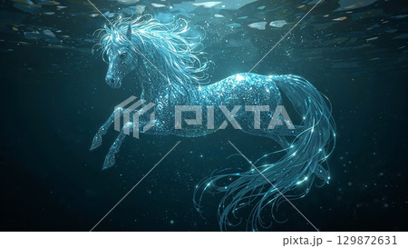 A horse is swimming in the ocean with its head above the water 129872631