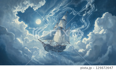 A large ship sails through the sky above a cloudy night 129872647