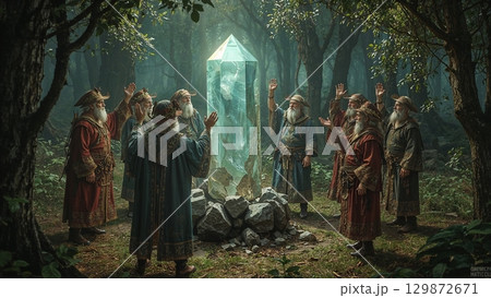 A group of men are gathered around a large crystal 129872671