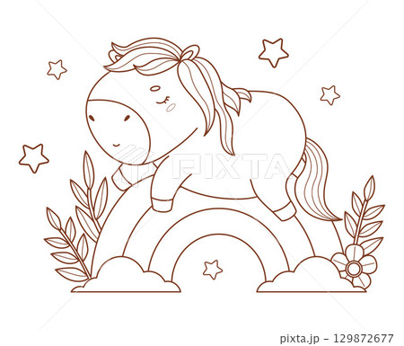 Outline Cute Sleepy Little Horse on Rainbow. Adorable Pony Kawaii Animal. Sweet Dream. Line drawing, coloring book. Vector illustration. Kids collection. Not AI 129872677
