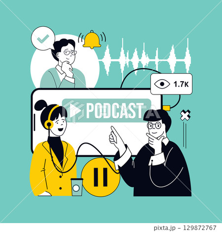 Video podcast concept for modern web design. People creating audio interviews, host and guest recording talk streaming online, listeners following speakers show in social media. Vector illustration. 129872767