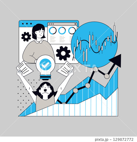 Statistics and analytics concept for modern web design. People analyzing financial data at arrow chart with progress trend, making reports and researching economic performances. Vector illustration. Statistics and analytics concept for modern web design. People analyzing financial data at arrow chart with progress trend, making reports and researching economic performances. Vector illustration. 129872772