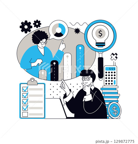 Statistics and analytics concept for modern web design. People magnifying and analyzing datum results, working with data at bar charts and graphs, using checklists and reports. Vector illustration. 129872775