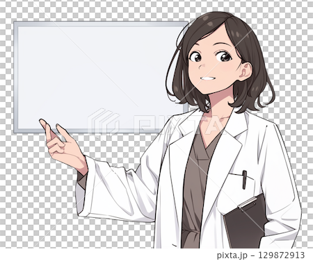 [AI-generated image] A woman in a white coat explaining something on a cartoon-style whiteboard 129872913