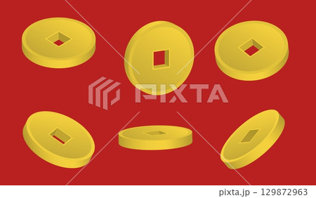 Isometric set of Chinese traditional coins of ancient minting with a square hole in center aerial view. Realistic 3D vector concept isolated on red background 129872963