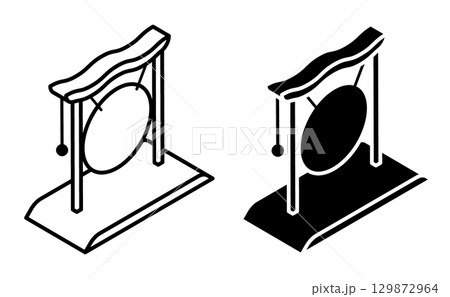Linear icon, isometric Japanese musical instrument metal copper gong suspended in an arch aerial view. Simple black and white top view vector isolated on white background Linear icon, isometric Japanese musical instrument metal copper gong suspended in an arch aerial view. Simple black and white top view vector isolated on white background 129872964