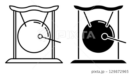 Linear icon. Japanese musical instrument metal copper gong suspended in an arch. Simple black and white vector isolated on white background 129872965