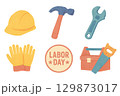 Labor Day icon set with tools and hard hat, isolated png 129873017