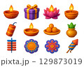 Diwali icons set featuring candles, fireworks, and gifts on transparent background 129873019