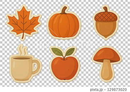 Isolated autumn icon set with leaf, pumpkin, acorn, coffee, apple, mushroom 129873020