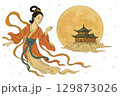 Mid autumn festival illustration featuring woman in traditional attire and moon. Isolated on transparent background 129873026