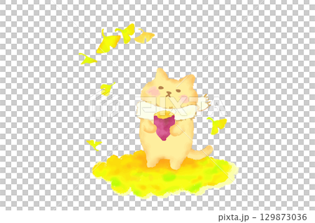 焼き芋を持って秋を楽しむかわいい猫 水彩イラスト素材 焼き芋を持って秋を楽しむかわいい猫 水彩イラスト素材 129873036