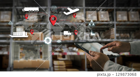 IoT smart logistics concept with a person using  129873068