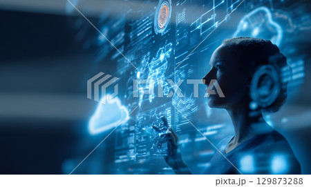 composite image of businesswoman sitting on swivel chair with ta 129873288