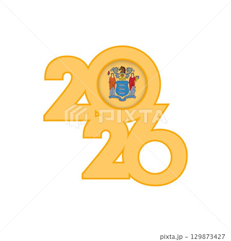 2026 banner with New Jersey flag inside. 129873427