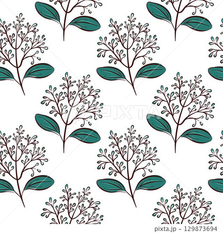 Seamless pattern with cinnamon flower branch drawn in flat style on white background. Perfect for botanical, bed linen and package design. 129873694