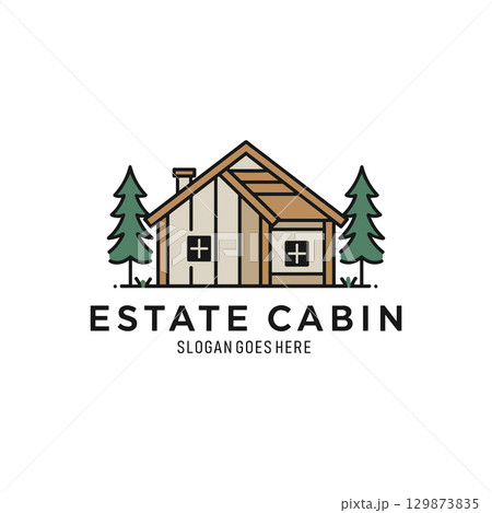 Estate Cabin Logo Line Art Vector Illustration, House Cottage Concept on white background 129873835