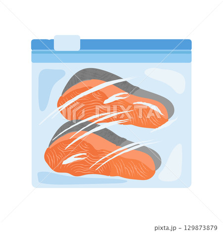 フリーザーバッグに入った鮭の切り身　イラスト 129873879