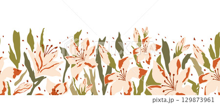 Abstract floral art vector background. Seamless banner with white hand drawn lily. Summer meadow poster. 129873961
