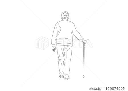 杖をついて歩くシニア男性の線画イラスト 129874005