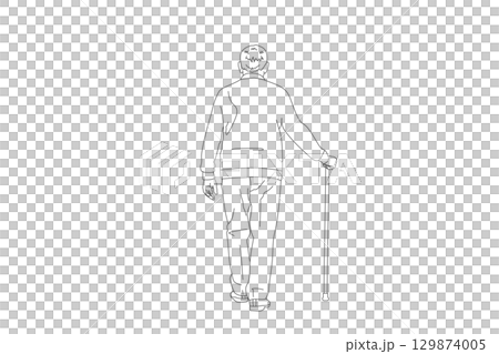 杖をついて歩くシニア男性の線画イラスト 129874005