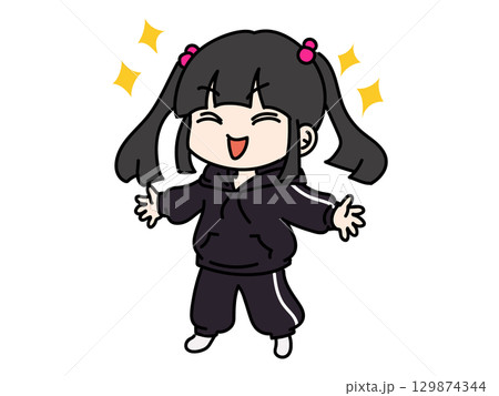 喜ぶ黒ジャージのツインテール女子 129874344
