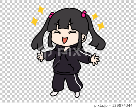 喜ぶ黒ジャージのツインテール女子 129874344