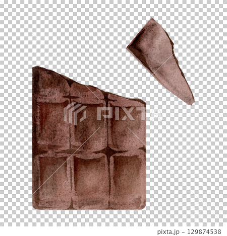 Unwrapped dark or milk chocolate bar with square segments, broken piece. Isolated illustration hand drawn in watercolor. Sweet branding, dessert pairing design, recipe card ingredient, cocoa products. 129874538