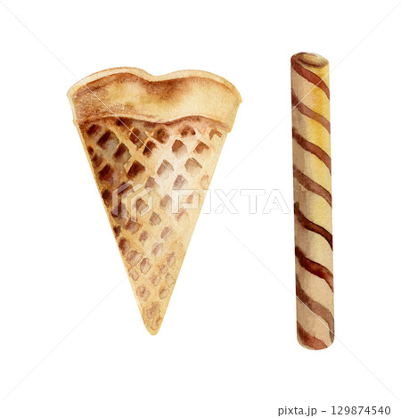 Rolled wafer biscuit with visible spiral lines, waffle triangle piece, crispy pastry. Isolated illustration hand drawn in watercolor. Dessert garnish, ice cream topping art, bakery packaging decor. 129874540