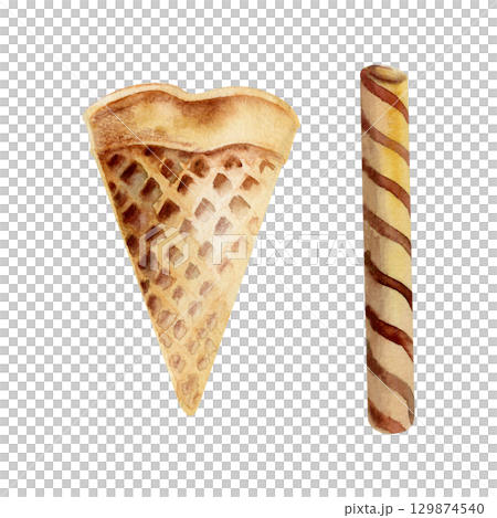 Rolled wafer biscuit with visible spiral lines, waffle triangle piece, crispy pastry. Isolated illustration hand drawn in watercolor. Dessert garnish, ice cream topping art, bakery packaging decor. 129874540