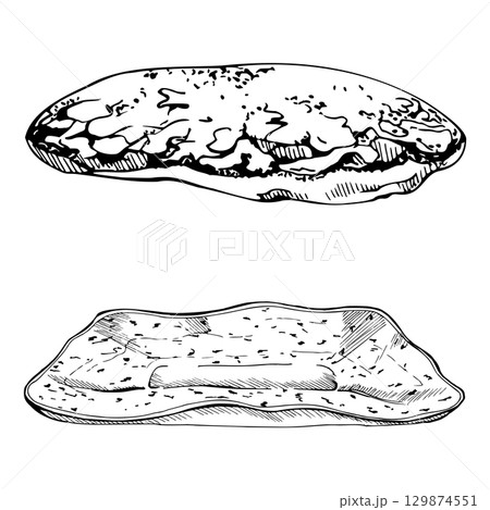 Handmade ceramic dish tray with baked pancake flapjack, puffy griddlecake and serving plate. Isolated hand drawn vector ink illustration. Bakery menu, organic dessert branding, summer campaign poster. 129874551