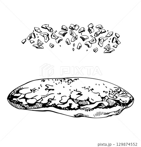 Fluffy pancake or flapjack with crushed nuts, chocolate cocoa chips topping. Isolated food element hand drawn in vector ink. Recipe illustration, product tags, kitchen decor, baking event templates. Fluffy pancake or flapjack with crushed nuts, chocolate cocoa chips topping. Isolated food element hand drawn in vector ink. Recipe illustration, product tags, kitchen decor, baking event templates. 129874552