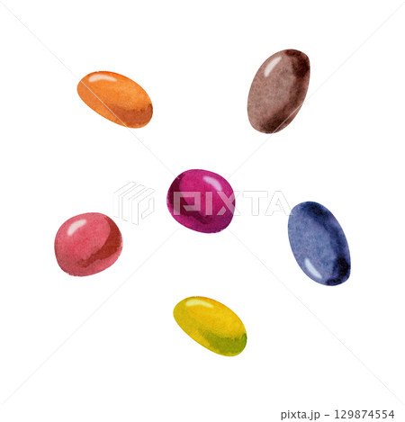 Multicolor candy dragees, bonbon confetti marbles mix scattered loosely. Isolated illustration hand drawn in watercolor. Dessert topping art, party stationery, sweet shop decor, confectionery branding Multicolor candy dragees, bonbon confetti marbles mix scattered loosely. Isolated illustration hand drawn in watercolor. Dessert topping art, party stationery, sweet shop decor, confectionery branding 129874554