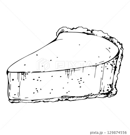 Souffle torte portion, cheesecake slice, sponge cake or tart base in vector ink. Hand drawn isolated clipart illustration. Dessert packaging, brunch menu visuals, gourmet cookbooks, food blog labels. Souffle torte portion, cheesecake slice, sponge cake or tart base in vector ink. Hand drawn isolated clipart illustration. Dessert packaging, brunch menu visuals, gourmet cookbooks, food blog labels. 129874556