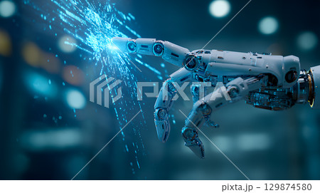 robot hand with futuristic dark background 129874580